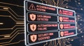 Digital security alert screen displaying critical system errors and data breach warnings on a futuristic circuit board background Royalty Free Stock Photo