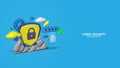 Digital security authentication concept. 3d Protection cyber secure icon. Realistic 3d padlock with password and shield.