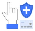 Digital Security and Authentication Concept with Hand Gesture, Shield with Plus Sign, and Credit Card Icon Royalty Free Stock Photo