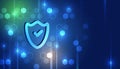 Digital security background with glowing shield and checkmark over a hexagonal pattern, symbolizing data protection, trust, Royalty Free Stock Photo
