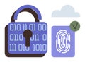 Digital Security with Binary Code Lock, Fingerprint Scanner, Cloud Storage, and Verification Checkmark Royalty Free Stock Photo