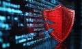 Digital security breach concept with cracked red shield against binary code background Royalty Free Stock Photo
