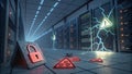 digital security breach in server room with warning signs and lock symbol