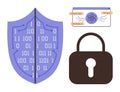 Digital security concept with binary shield, lock, and code windows for data protection themes Royalty Free Stock Photo