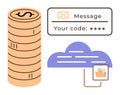 Digital Security Concept with Coin Stack, Cloud Storage, and Verification Code Message Royalty Free Stock Photo