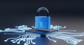 Digital Security Concept: 3D Padlock Protecting Critical Data on a Microchip for Cybersecurity and IT Professionals. Royalty Free Stock Photo
