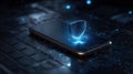 Digital Security Concept Featuring a Smartphone and Shield Symbol to Represent Protection in Modern Technology Royalty Free Stock Photo