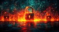 Digital Security Concept with Fiery Lock Icons and Glowing Data Background in Modern Style Royalty Free Stock Photo