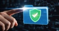 Digital security concept finger touching glowing shield icon on futuristic interface protecting data Royalty Free Stock Photo
