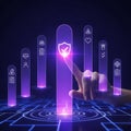 Digital security concept fingerprint interacting with glowing shield icon on futuristic interface Royalty Free Stock Photo