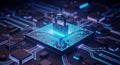 Digital security concept with glowing blue microprocessor chip and padlock symbolizing cyber protection Royalty Free Stock Photo