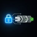 Digital security concept with glowing blue padlock and data encryption verification process Royalty Free Stock Photo