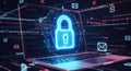 Digital security concept with glowing blue padlock icon on laptop screen displaying cyber code elements Royalty Free Stock Photo