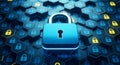 Digital security concept with glowing blue padlock icon surrounded by multiple smaller lock symbols on hexagonal grid pattern Royalty Free Stock Photo
