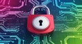 Digital security concept with glowing circuit board and red padlock symbolizing cyber protection and data encryption Royalty Free Stock Photo