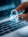 Digital security concept with glowing lock symbol above keyboard representing data protection and cybersecurity in a technology- Royalty Free Stock Photo