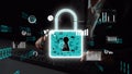 Digital security concept with glowing lock symbol, data visualization, charts, and graphs on a black background Royalty Free Stock Photo