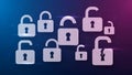 Digital Security Concept - Glowing Locked, Unlocked, and Broken Padlocks on a Gradient Tech Background Royalty Free Stock Photo