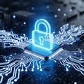 Digital security concept glowing padlock on computer chip with circuitry Royalty Free Stock Photo