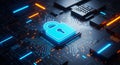 Digital security concept with glowing padlock icon on advanced computer processor chip circuit board Royalty Free Stock Photo