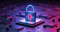 Digital security concept with glowing padlock icon on circuit board representing cyber protection and data encryption Royalty Free Stock Photo
