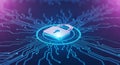 Digital security concept with glowing padlock icon on futuristic circuit board network background Royalty Free Stock Photo