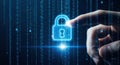 Digital security concept with a glowing padlock icon illuminated by a finger touch against a backdrop of binary code Royalty Free Stock Photo