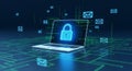 Digital security concept with glowing padlock icon on laptop screen showing cyber protection and data encryption technology Royalty Free Stock Photo