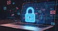 Digital security concept with glowing padlock icon on laptop screen showing cyber protection and data privacy Royalty Free Stock Photo