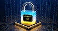 Digital security concept with glowing padlock icon on microchip representing cyber protection and data safety Royalty Free Stock Photo