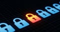 Digital security concept with glowing padlock icon among multiple blue lock symbols on futuristic grid surface Royalty Free Stock Photo