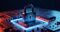 Digital security concept with glowing padlock symbol on computer processor chip representing cyber protection Royalty Free Stock Photo