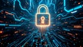 Digital security concept glowing padlock symbol illuminates a futuristic circuit board with binary code Royalty Free Stock Photo