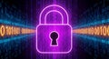 Digital security concept with glowing purple padlock icon on binary code data stream background Royalty Free Stock Photo