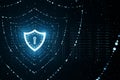 Digital security concept with glowing shield icon in binary code stream on dark background. Royalty Free Stock Photo