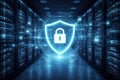 Digital security concept with glowing shield and lock in data center. advanced technology illustration of cybersecurity, network Royalty Free Stock Photo
