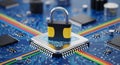 Digital security concept with golden lock symbol on computer processor chip with circuit board background Royalty Free Stock Photo