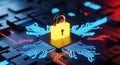 Digital security concept with golden padlock icon on circuit board representing cyber protection and data encryption Royalty Free Stock Photo