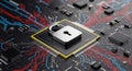 Digital security concept with golden padlock symbol on advanced microprocessor chip circuit board Royalty Free Stock Photo