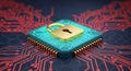 Digital security concept with golden padlock symbol on microchip representing cyber protection and data encryption technology Royalty Free Stock Photo