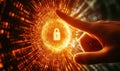 Digital security concept with hand reaching towards glowing padlock in binary data vortex, symbolizing cybersecurity and Royalty Free Stock Photo