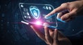Digital security concept with hands interacting with a futuristic interface Royalty Free Stock Photo