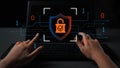 Digital Security Concept with Hands Interacting with Lock and Binary Code on Laptop Screen, Emphasizing Cyber Protection Royalty Free Stock Photo