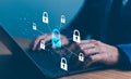 Digital security concept with hands on a laptop and floating padlocks, depicting cybersecurity and data protection. login and Royalty Free Stock Photo