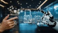 Digital security concept with human hand and robotic hand interacting around data protection symbols and padlock in Royalty Free Stock Photo