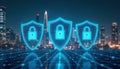 Digital security concept illustration featuring three glowing neon shields with padlocks against blurred cityscape at night. Royalty Free Stock Photo