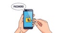 Digital security concept illustration: a hand unlocking a smartphone using a key for password access Royalty Free Stock Photo