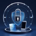 A digital security concept image featuring a large padlock symbol at the center on a blue shield-shaped backdrop Royalty Free Stock Photo