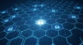 Digital security concept with interconnected hexagonal network nodes and central padlock icon on futuristic blue grid Royalty Free Stock Photo
