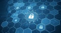 Digital security concept with interconnected hexagonal network nodes and central padlock symbol on futuristic blue grid Royalty Free Stock Photo